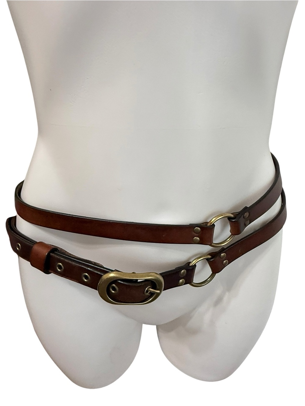 Tri-Strap O-Ring Belt featuring brown leather brass-toned hardware The limited